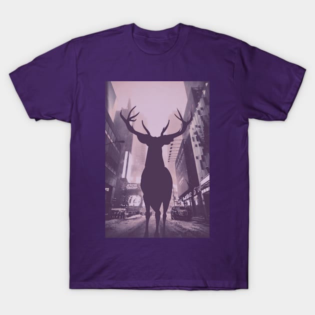 Purple Deer in the City T-Shirt by DracoWorks